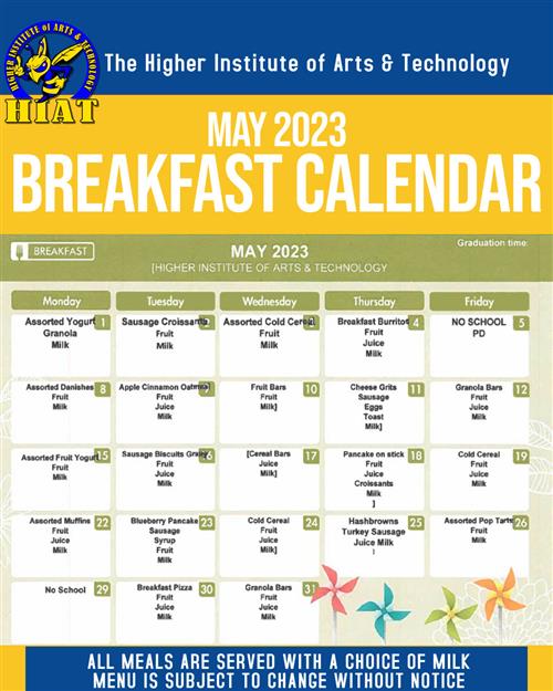 HIAT's Lunch and Breakfast Calendar.