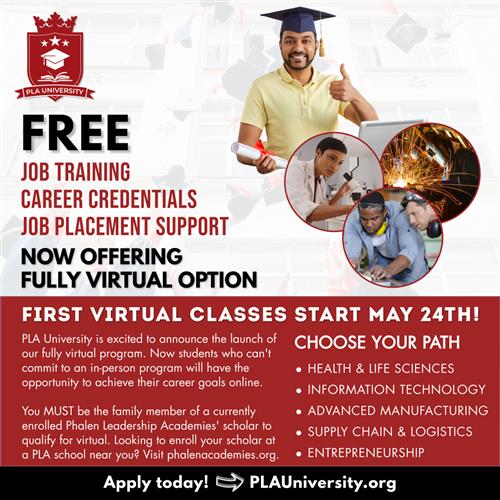 PLA University goes virtual. Get free job training and job placement support.