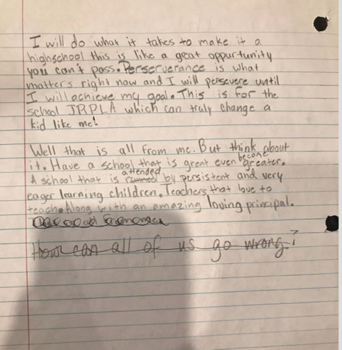 Handwritten letter from JRP student 