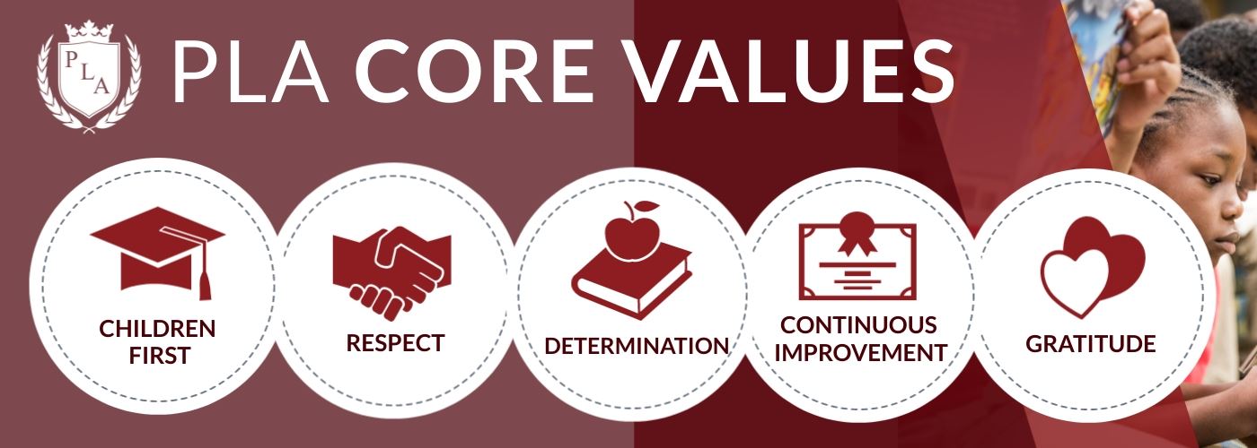 Image depicting the five core values of PLA, including Children First, Respect, Determination, and Continuous Improvement.